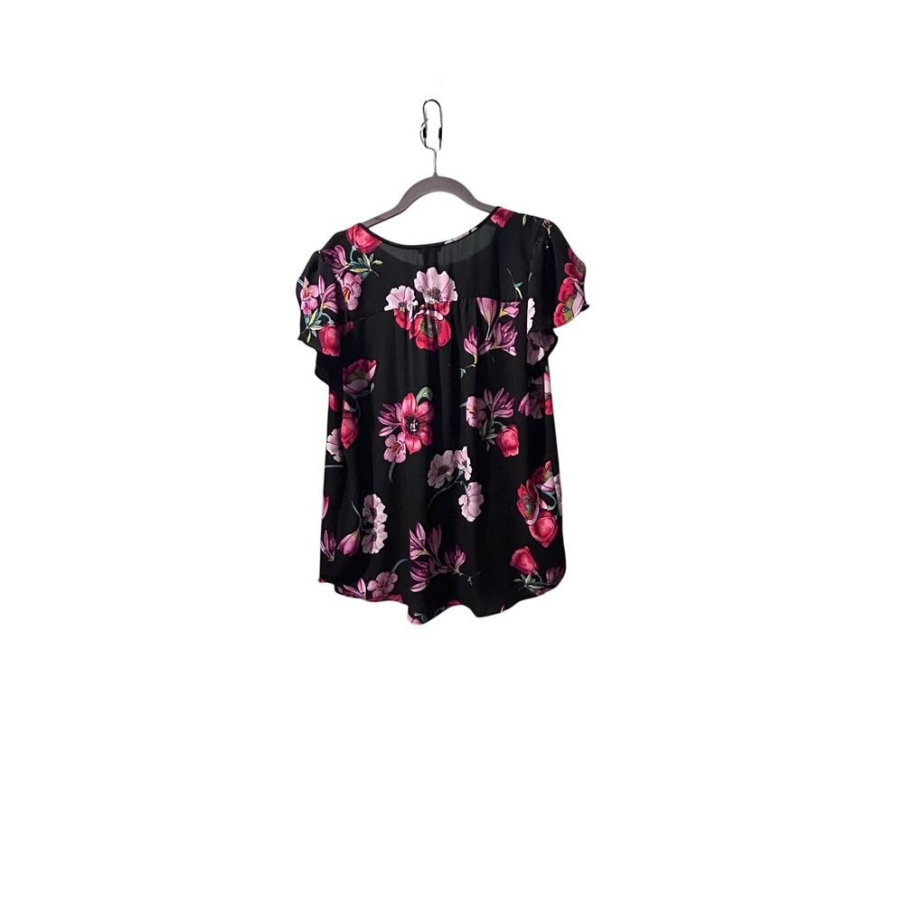 Ann Taylor Factory Floral Blouse Black Pink Short Sleeve Top Large - Picture 3 of 8